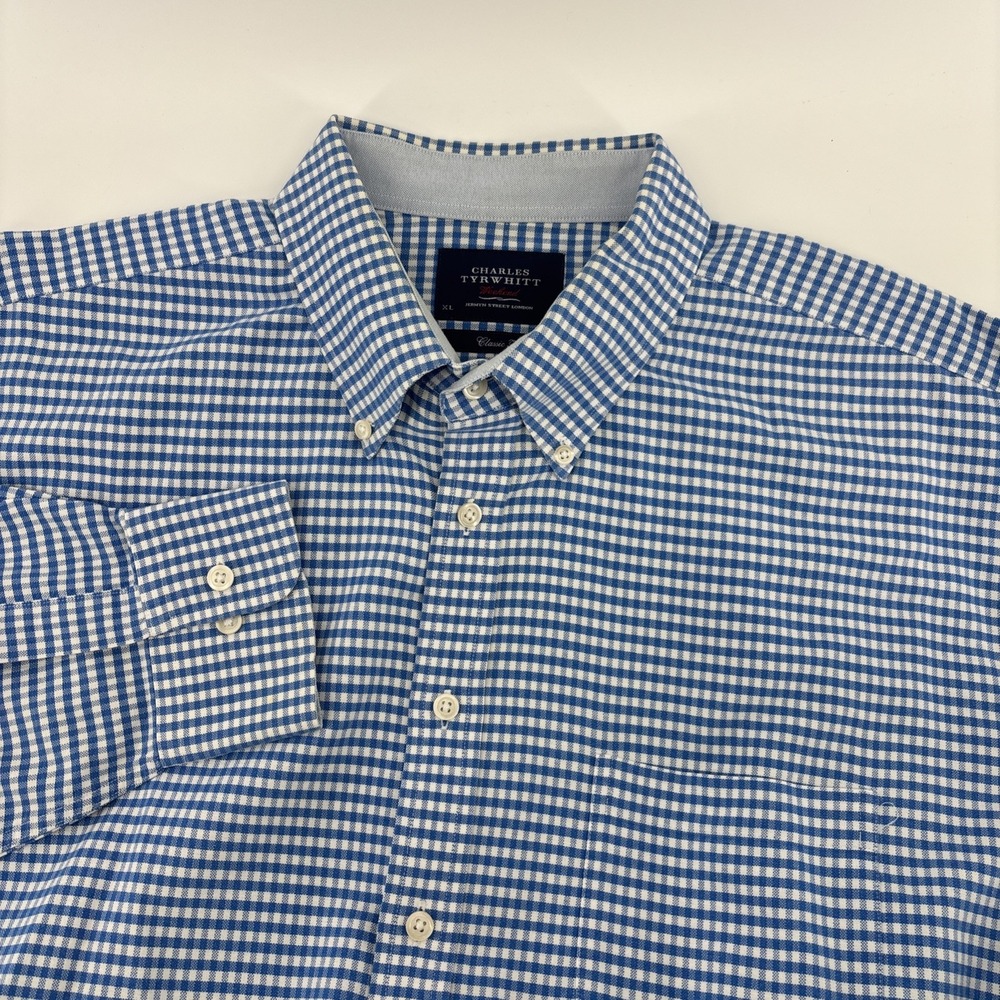 Charles Tyrwhitt Weekend Shirt Men's XL Blue White Check Classic Fit Non‎ Iron